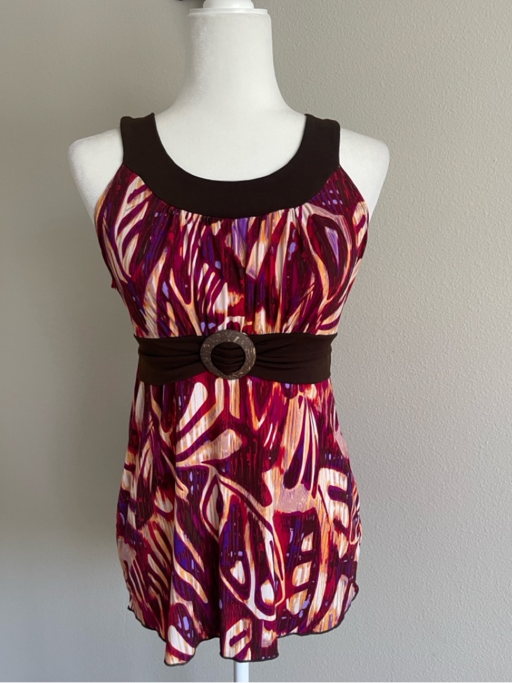 Sleeveless Purple Abstract Print Belted Tunic Top Size M
